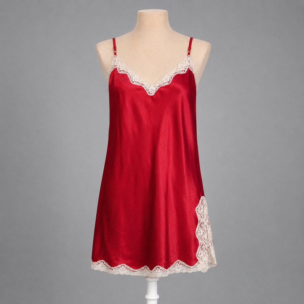 Victorias Secret Satin Lace Trim Babydoll Slip Dress Size L Red Fairy Romantic